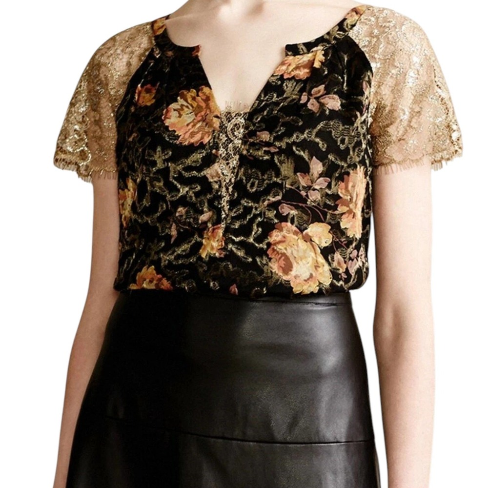 HD in Paris Disa Silk Blouse Floral Burnout Metallic Forest Fairy Whimsygoth 0